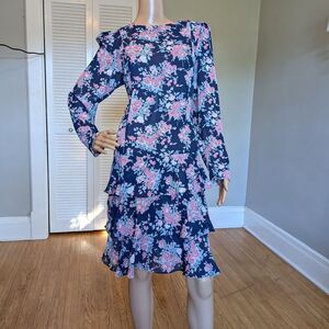 Vintage 90s Leslie Fay Floral Midi Dress Drop Waist Ruffle Whimsigoth 12